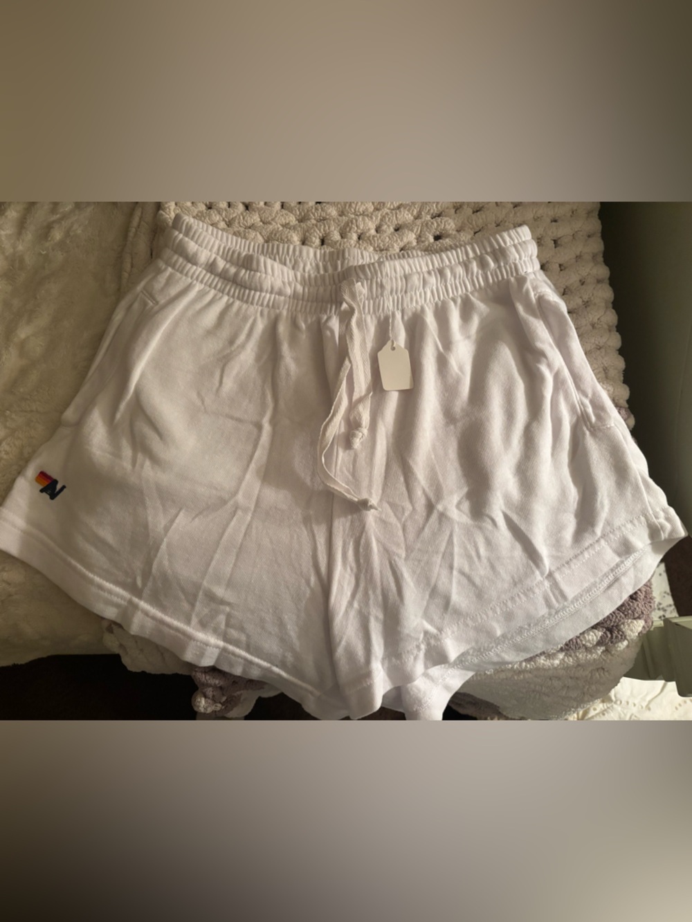 Aviator Nation White Drawstring Lounge Shorts with Small Multicolor Logo